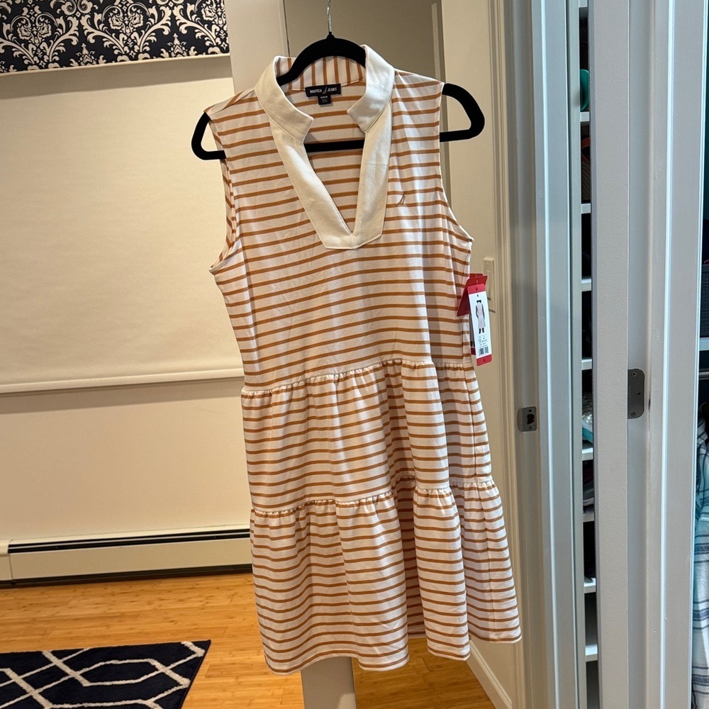 Nautica Sleeveless Tan and White Striped Dress